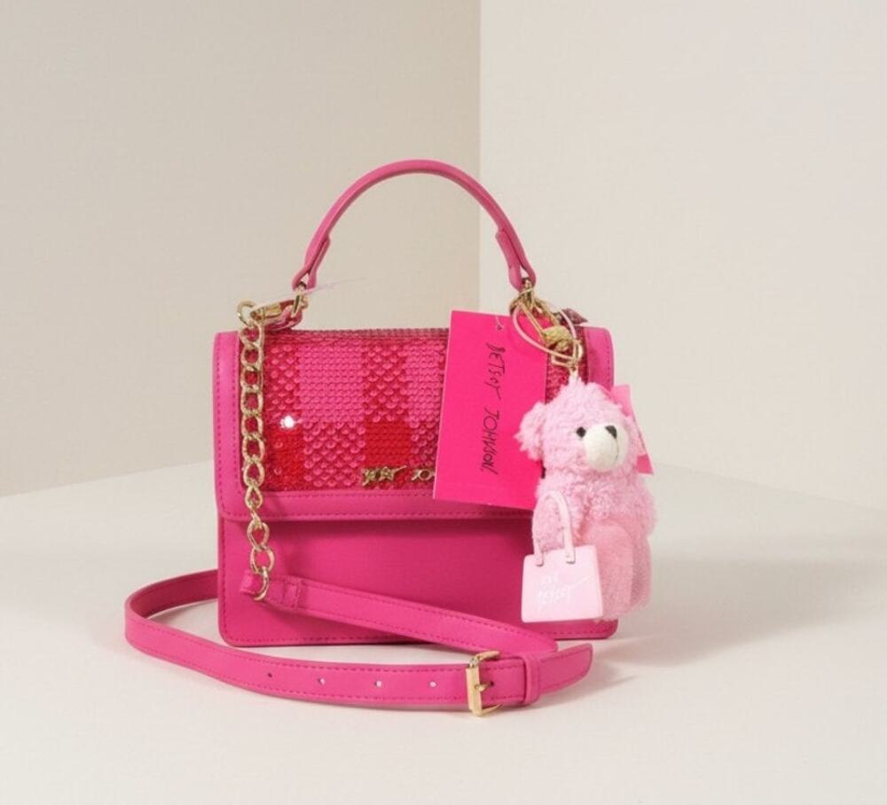 Betsey Johnson XOMYLO 2 Teddy Bear Charm Crossbody Bag Pink Sequin NWT
